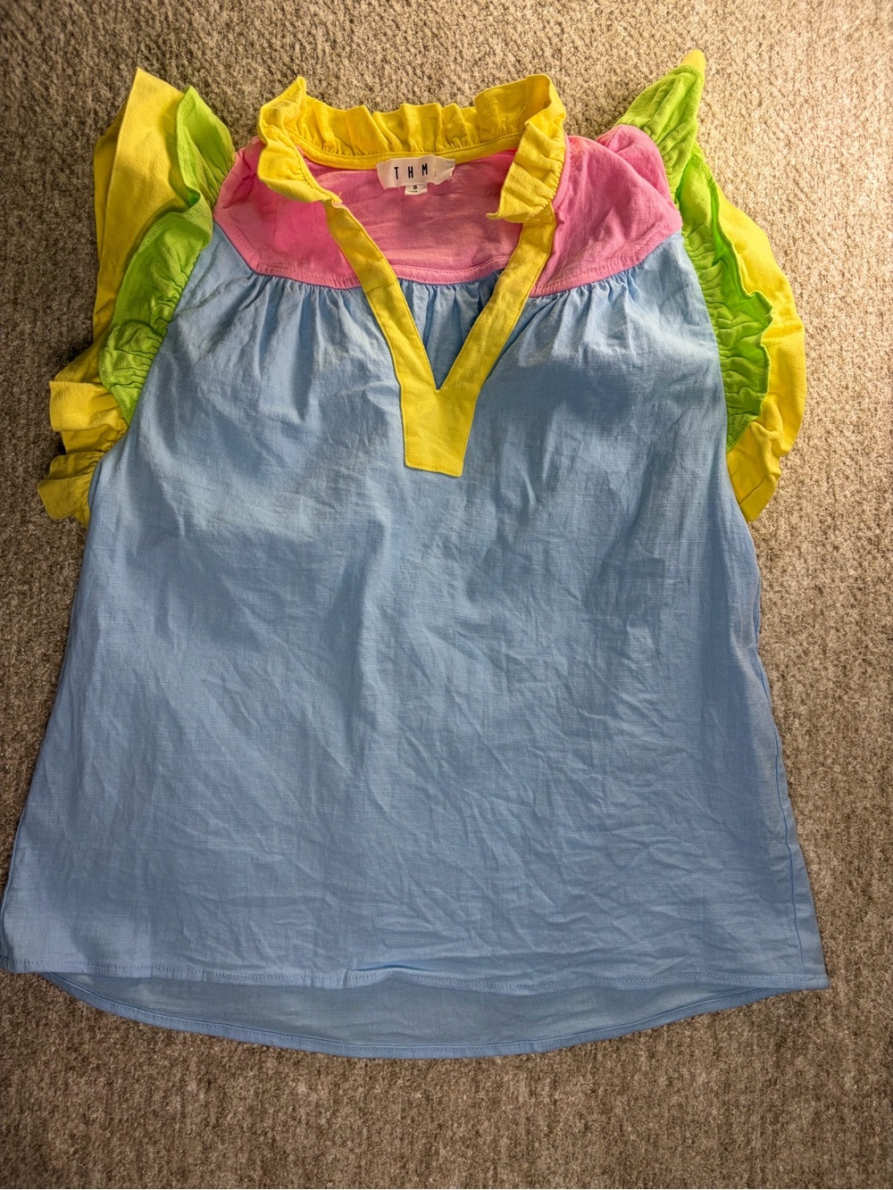 THML Pastel Blue Blouse with Pink Yoke and Yellow-Green Ruffle Sleeves